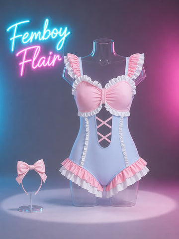 Cute Lolita Ruffle Monokini | Maid Uniform Patchwork Swimsuit