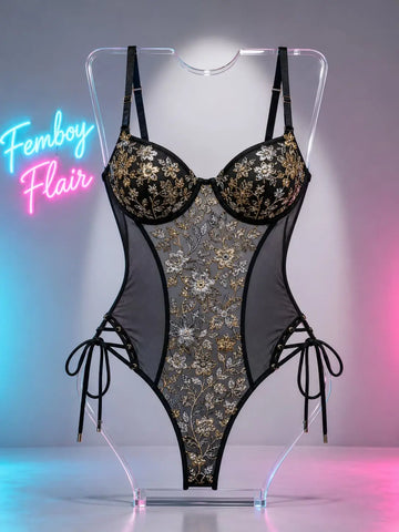 Floral Embroidered Mesh Bodysuit | Sexy Lace-Up Lingerie Top