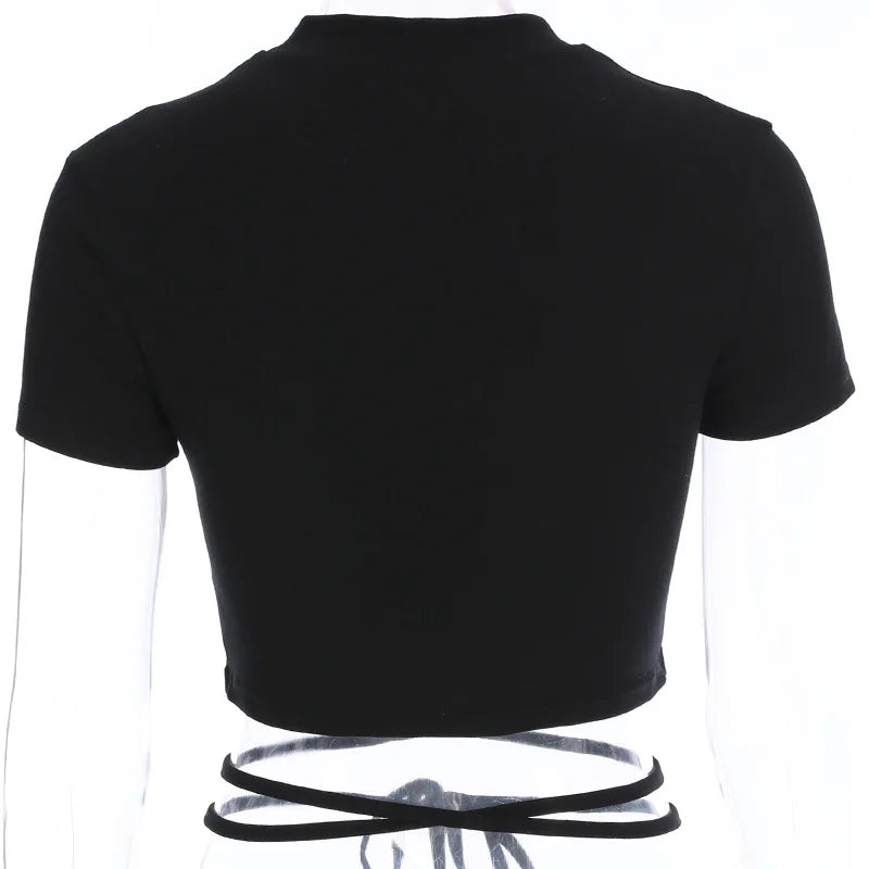 Summer Women Black Short T-Shirts Sexy Crop Tops Short Sleeve Bandage Tee Tops Female Shirts