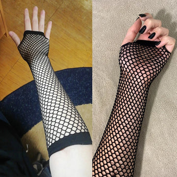 Neon Plaid Fishnet Fingerless Arm Warmers, Party & Festival Gloves