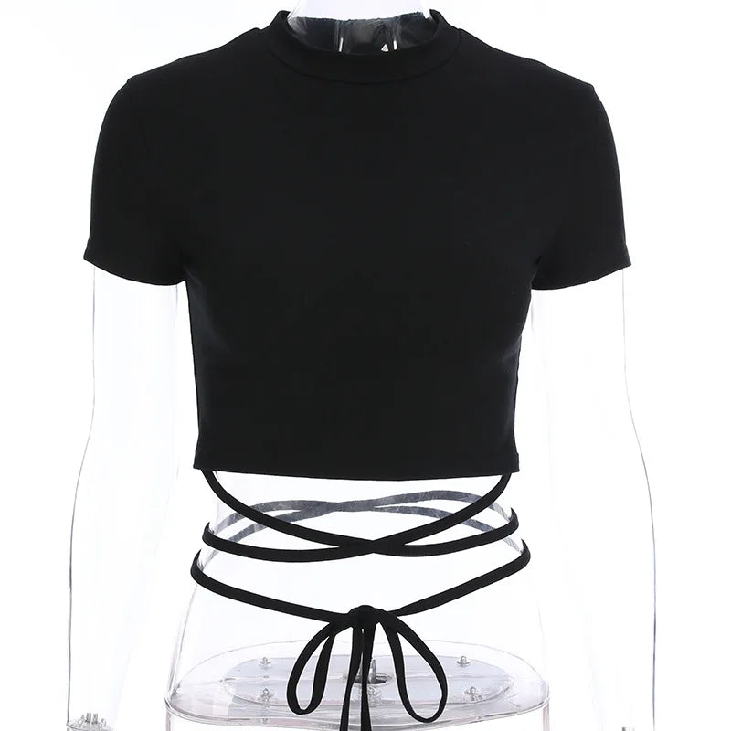 Summer Women Black Short T-Shirts Sexy Crop Tops Short Sleeve Bandage Tee Tops Female Shirts