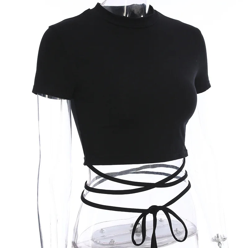 Summer Women Black Short T-Shirts Sexy Crop Tops Short Sleeve Bandage Tee Tops Female Shirts