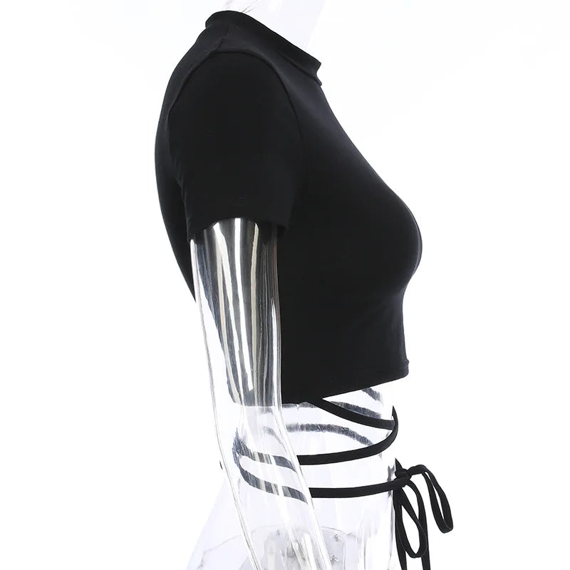 Summer Women Black Short T-Shirts Sexy Crop Tops Short Sleeve Bandage Tee Tops Female Shirts