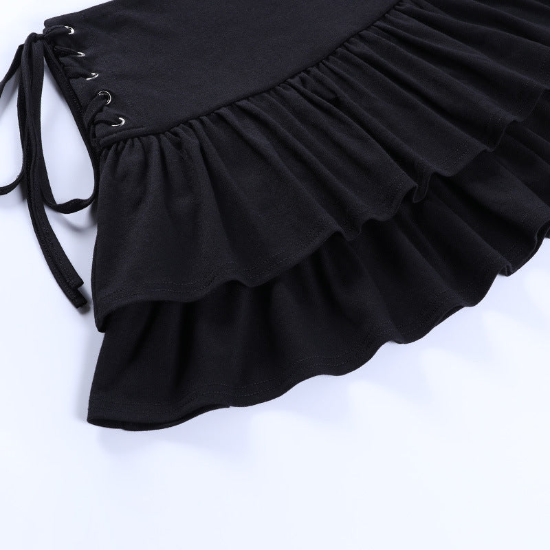 Black Women Punk High Waisted Goth Skirt Sexy Pleated Mini Skirt with Chain E Girl Lace-Up Tie PU Leather Corset Y2K Crop Tops
