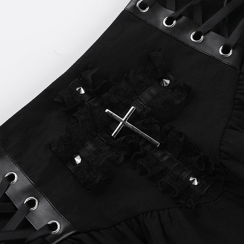 Black Women Punk High Waisted Goth Skirt Sexy Pleated Mini Skirt with Chain E Girl Lace-Up Tie PU Leather Corset Y2K Crop Tops