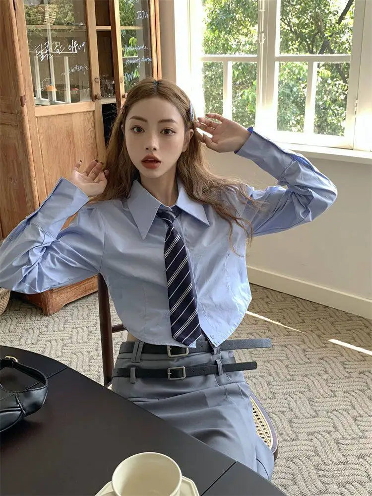 Women's Early Spring Short Sleeve Long Shirt Hong Kong Style Loose Fit Versatile Slimming Design Trendy Top Casual Shirt