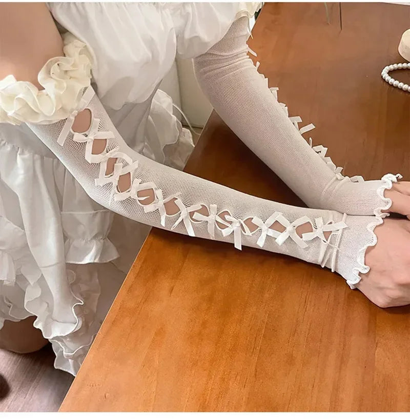 Women Thin Elastic Lace Mesh Bow Lolita Girl Cute Style Driving Glove Female Summer Sunscreen Anti-UV Wedding Dress Mitten