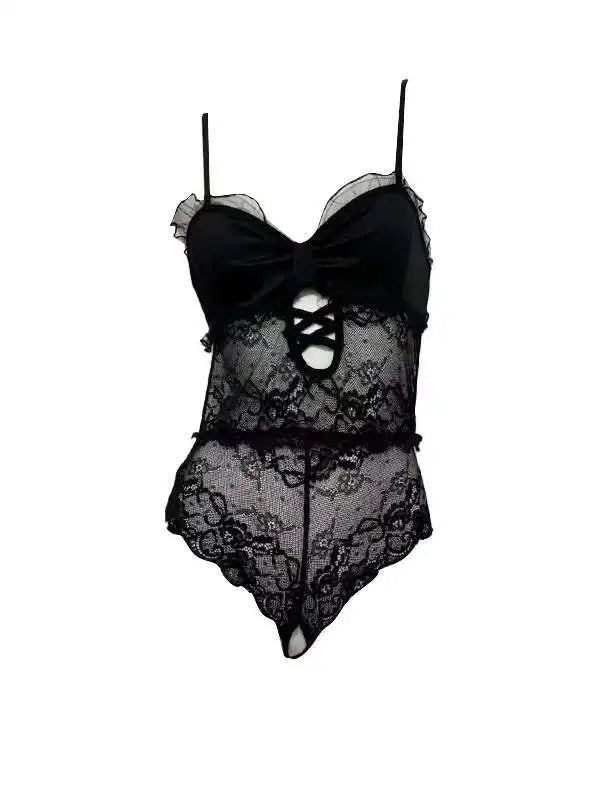 Playful Open-Crotch Lace Bodysuit | Sheer Mesh Lingerie Romper
