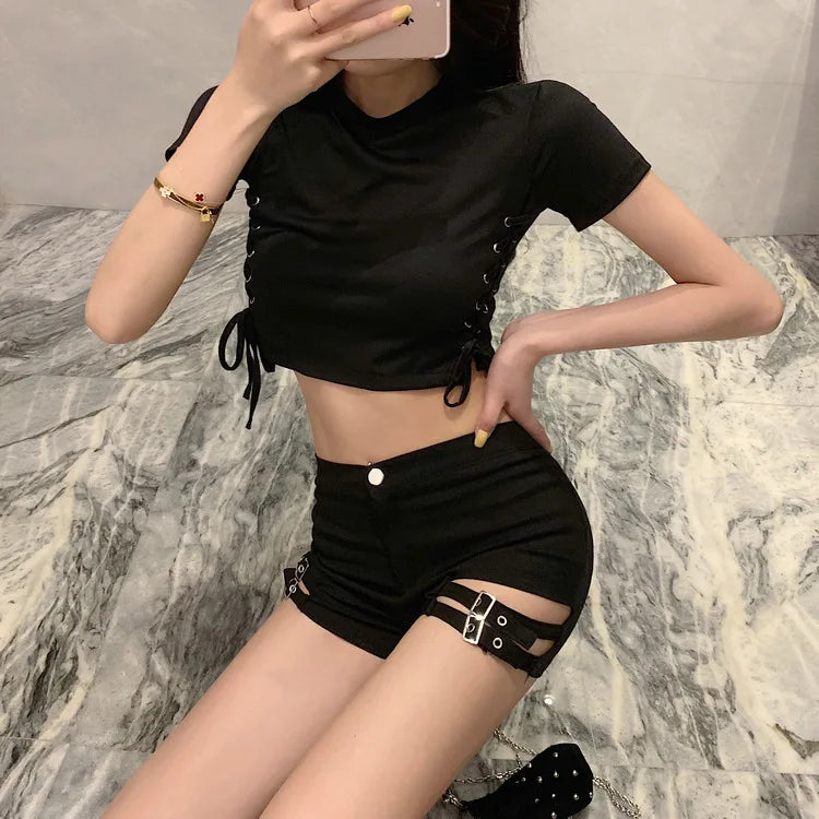 High-Waist Elastic Slimming A- Line Short Shorts Women's Belted Summer 2025 Fashion Trendy Polyester Hot Pants Casual Style