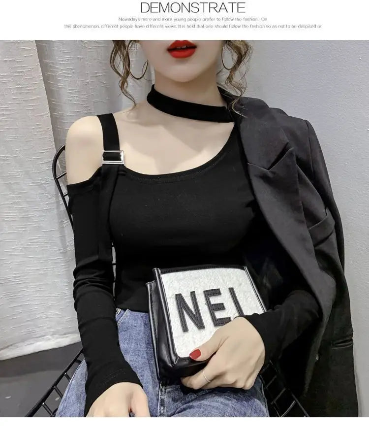 Chic Shoulder Bared Long Sleeve Base Shirt for Women Stylish Slim Fit Trendy Top Casual Loose Style Daily Wear Girl's Fashion
