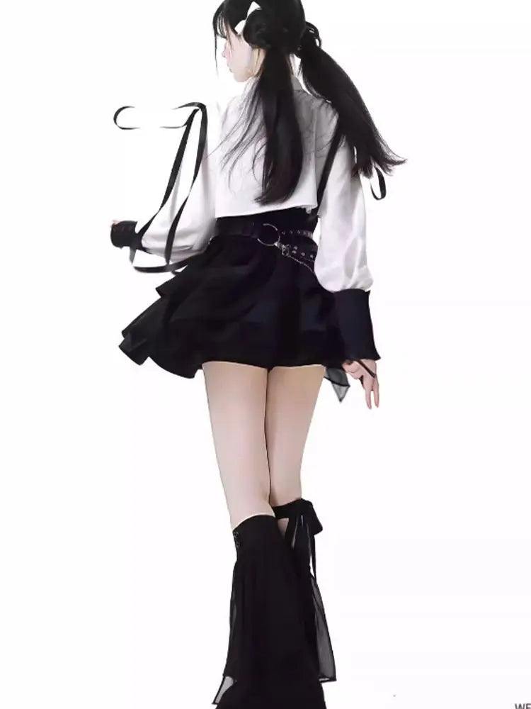 Y2k 3-Piece Skirt Set: Long Sleeve Top, A-Line Skirt & Cummerbund