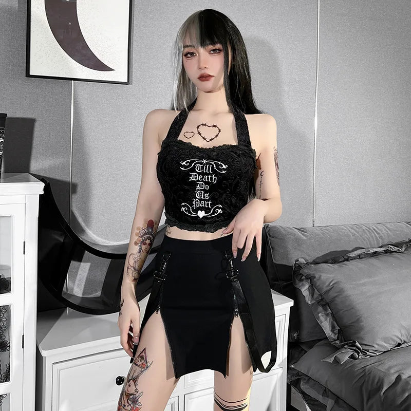 Gothic Zip Split Sexy Women Mini Skirts Grunge Strap Black High Waist Pencil Skirt Punk E-girl Alt Party Clubwear