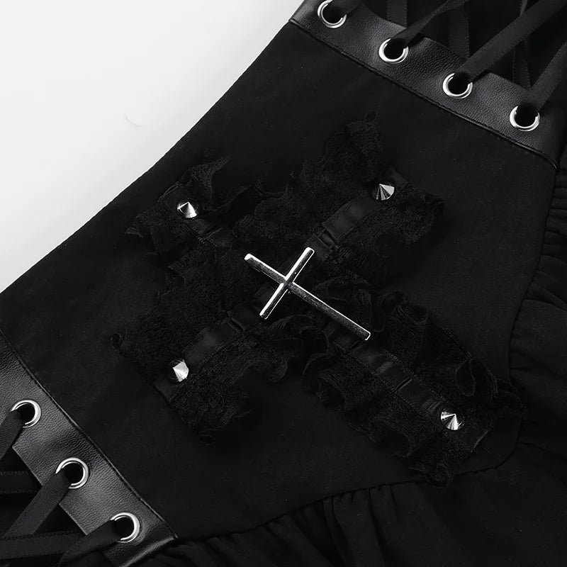 Goth Dark Punk Cross Patchwork Pleated Skirts Mall Gothic Techwear Bottoms Grunge Aesthetic Women Bandage Mini Skirt Alt Clothes