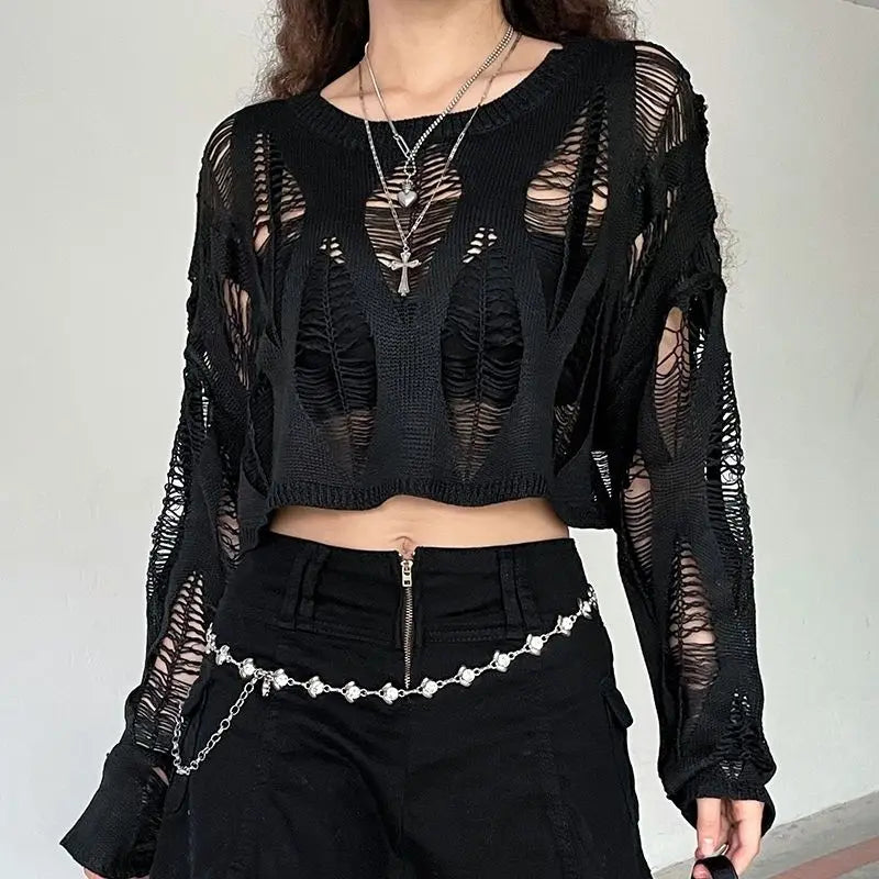 Women Hole Hollow Out Y2K T-shirts Batwing Sleeve Knitted Shirt for Women Punk Loose Streetwear Tops Spring Autumn 2026
