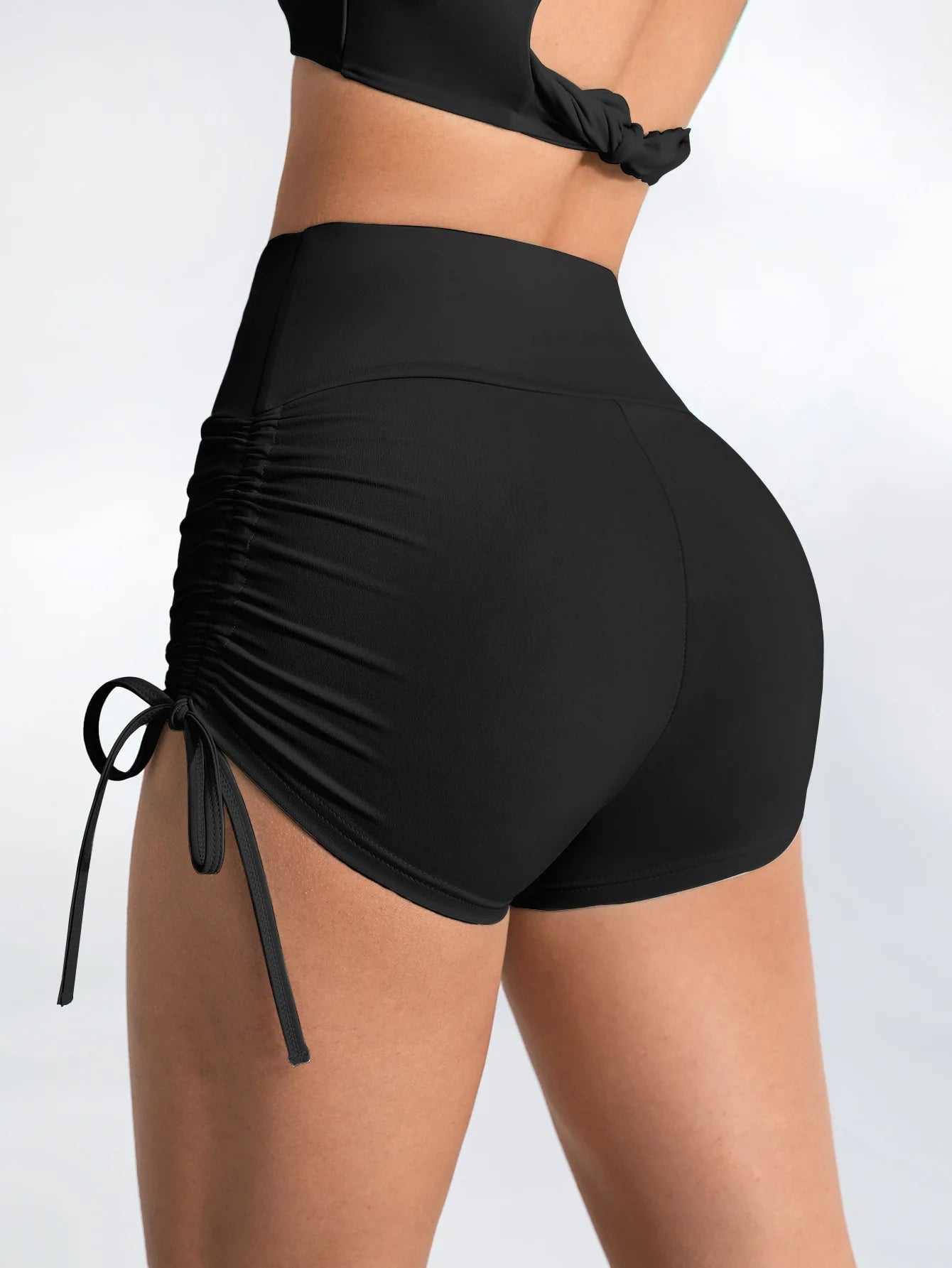 High-Waisted Ruched Yoga Shorts - Tie Detail Gym & Running