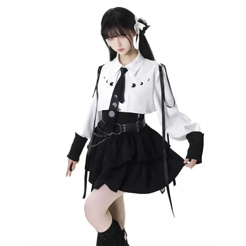 Y2k 3-Piece Skirt Set: Long Sleeve Top, A-Line Skirt & Cummerbund