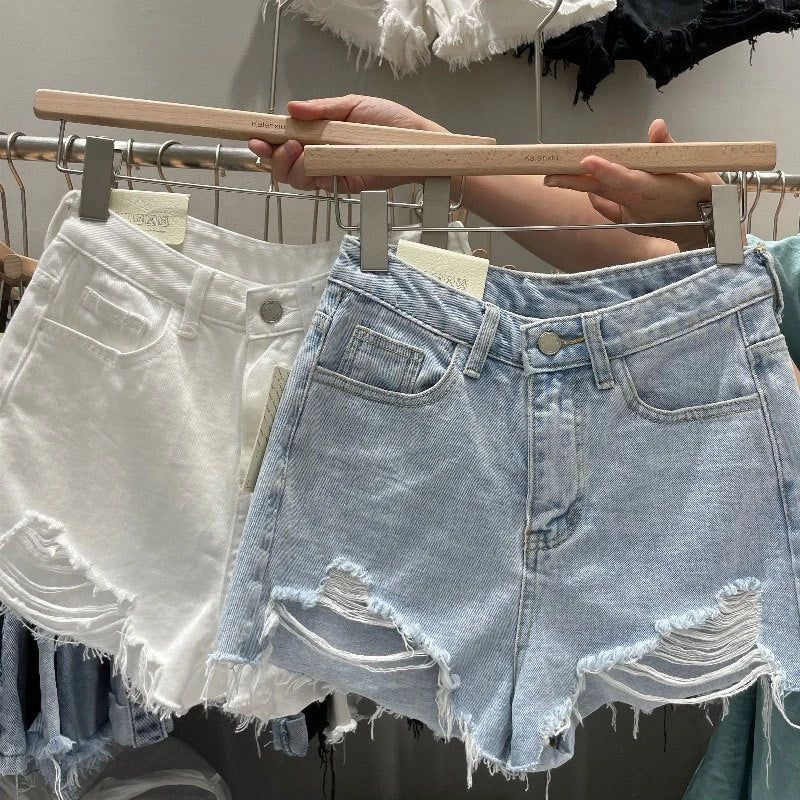 High Waisted Ripped Denim Shorts Button Fly Raw Edge Summer