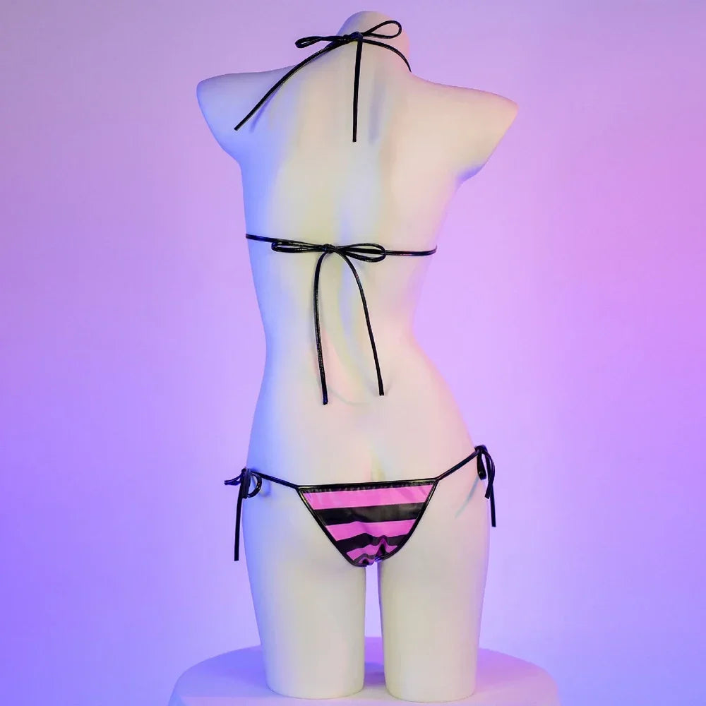 Daring PU Leather Micro Bikini Set | Anime Stripes Sexy Swimwear