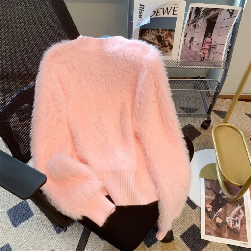 2026 Spring Autumn Women's Sweater Cardigan Jacket New Loose V-neck Imitation Mink Fur Sweater Jacket Female Knitted Tops Coat
