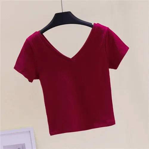 Summer Fashion Solid V Neck T Shirts Women Short Sleeve Sexy Crop Tops Ladies Casual Tees Top Tees Female Black Cotton T-Shirts