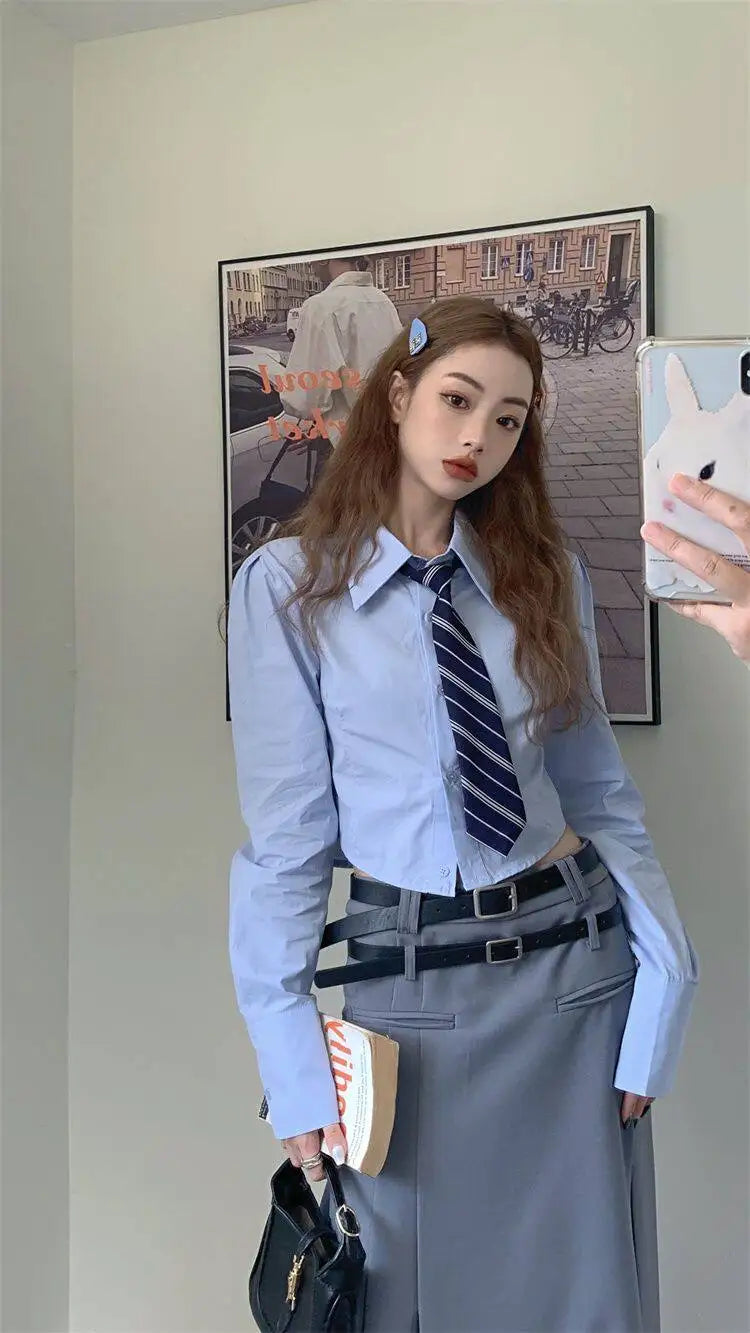 Women's Early Spring Short Sleeve Long Shirt Hong Kong Style Loose Fit Versatile Slimming Design Trendy Top Casual Shirt