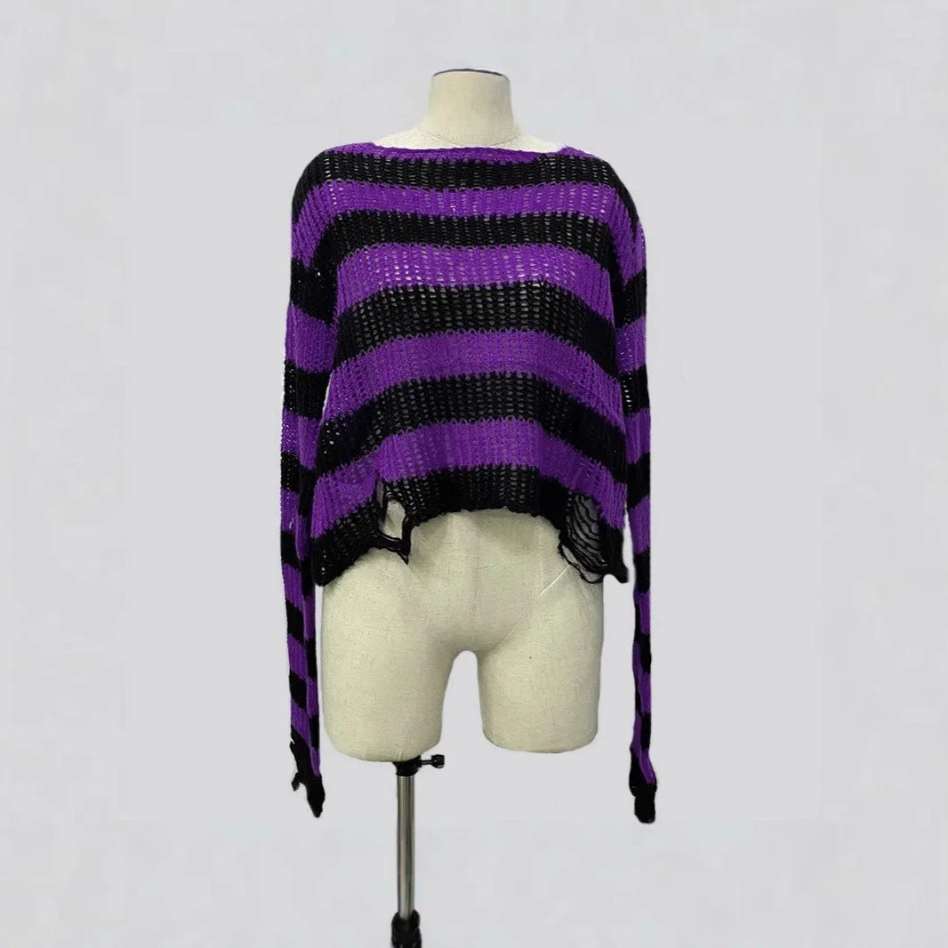 Distressed Oversized Striped Sweater Punk Grunge Knit Top