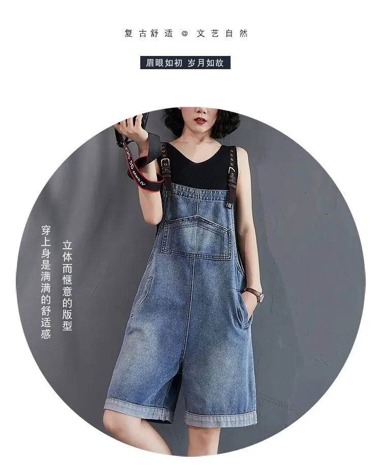 Cowboy Overalls Women's Jumpsuit Shorts 2025 Summer New Student Korean version Loose Denim Wide leg one-piece Suspender Shorts