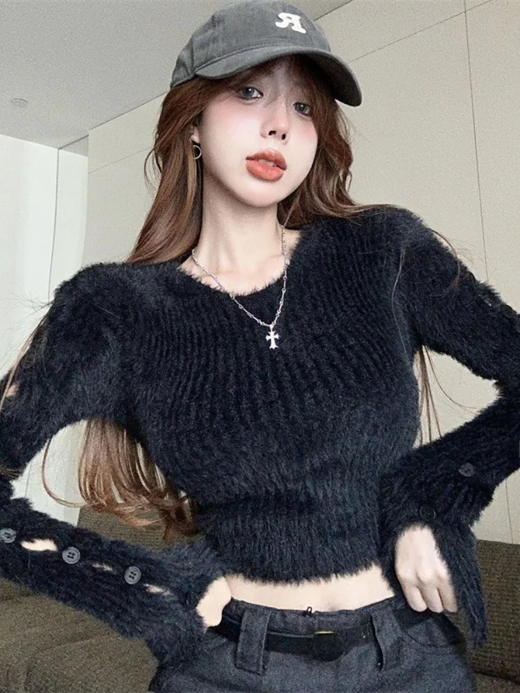 Sexy ort Knitted Sweater Women's Spring Autumn Soft Cozy Design Hole Knitwear Pure Desire Versatile Base Layer ort Top