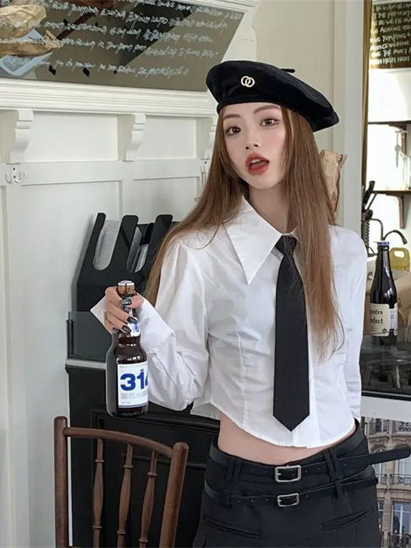 Women's Early Spring Short Sleeve Long Shirt Hong Kong Style Loose Fit Versatile Slimming Design Trendy Top Casual Shirt