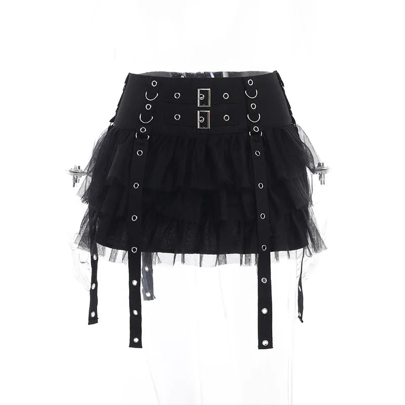 Mall Goth Black Pleated Mini Skirt with Chain Women's Punk High Waisted Tennis Skirt Fairy Grunge Aesthetic E Girl Cloth