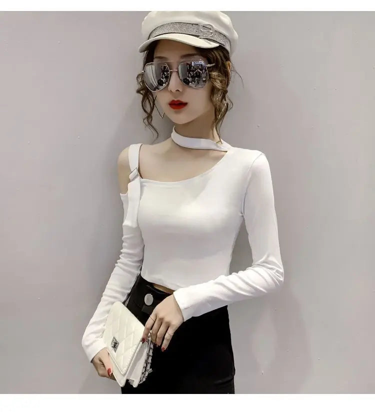 Chic Shoulder Bared Long Sleeve Base Shirt for Women Stylish Slim Fit Trendy Top Casual Loose Style Daily Wear Girl's Fashion