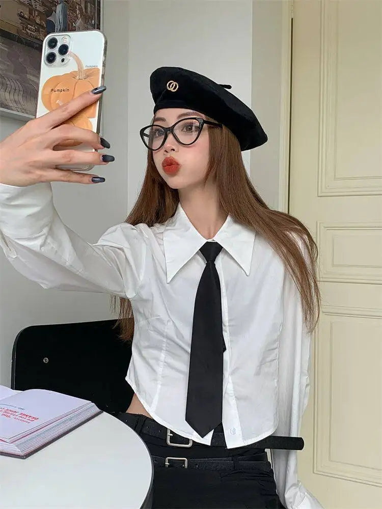 Women's Early Spring Short Sleeve Long Shirt Hong Kong Style Loose Fit Versatile Slimming Design Trendy Top Casual Shirt
