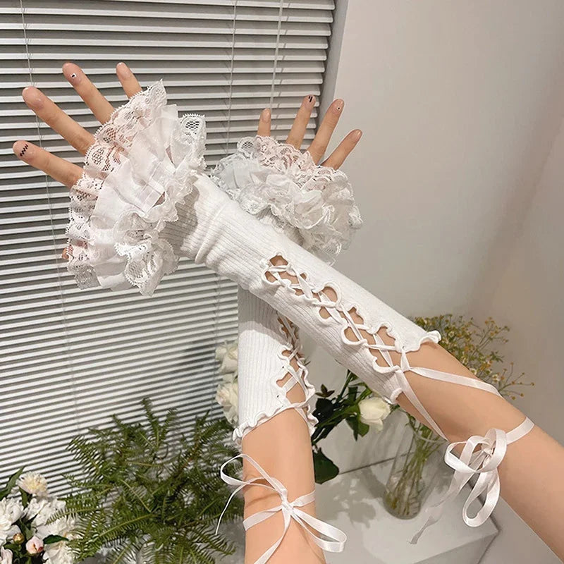 Black White Lace Strap Arm Sleeves Vintage Ribbon Bow Gothic Gloves for Women Girls Sweet Lolita Cuffs Covers Sunscreen Sleeves