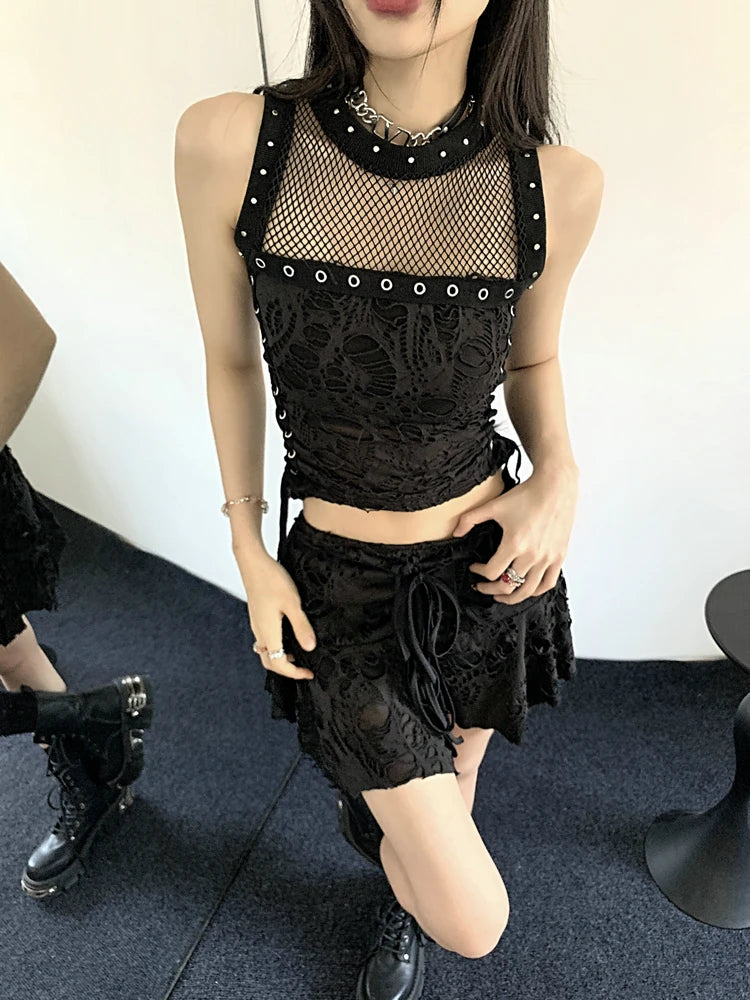 Gothic Y2k 2 Piece Set Hollow Out Lace Spliced Tank Crop Top Women Lace-up Waisted Irregular Mini Skirt 2025 Aesthetic Harajuku