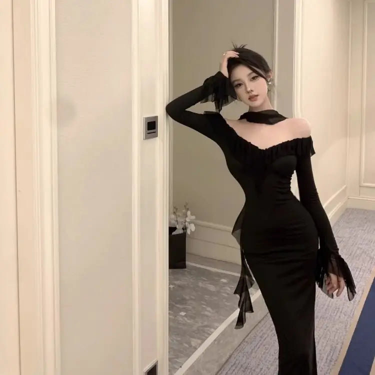 Elegant A-Line V-Neck Long Sleeve Dress - Slimming High Waist