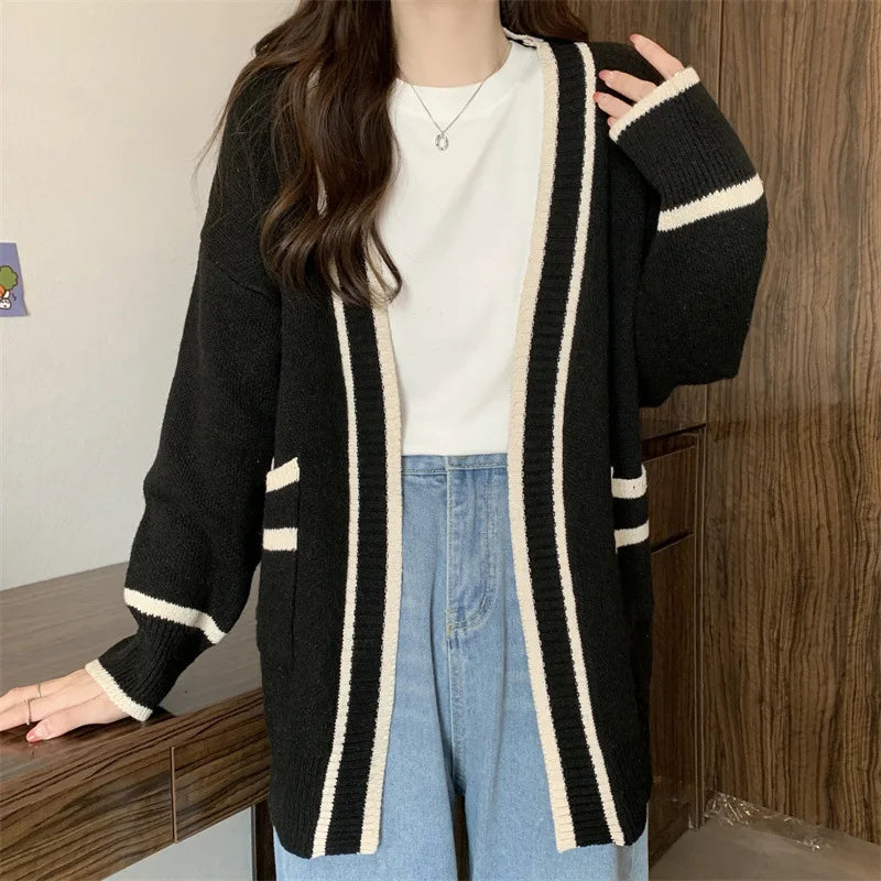 New Korean Women Cardigan Jackets Patchwork Clothing V Neck All Match Sueter Mujer Casual Fashion Knitted Oversized Sweater Tops