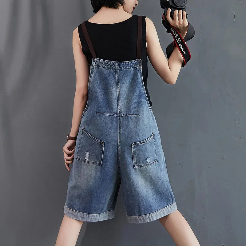 Cowboy Overalls Women's Jumpsuit Shorts 2025 Summer New Student Korean version Loose Denim Wide leg one-piece Suspender Shorts