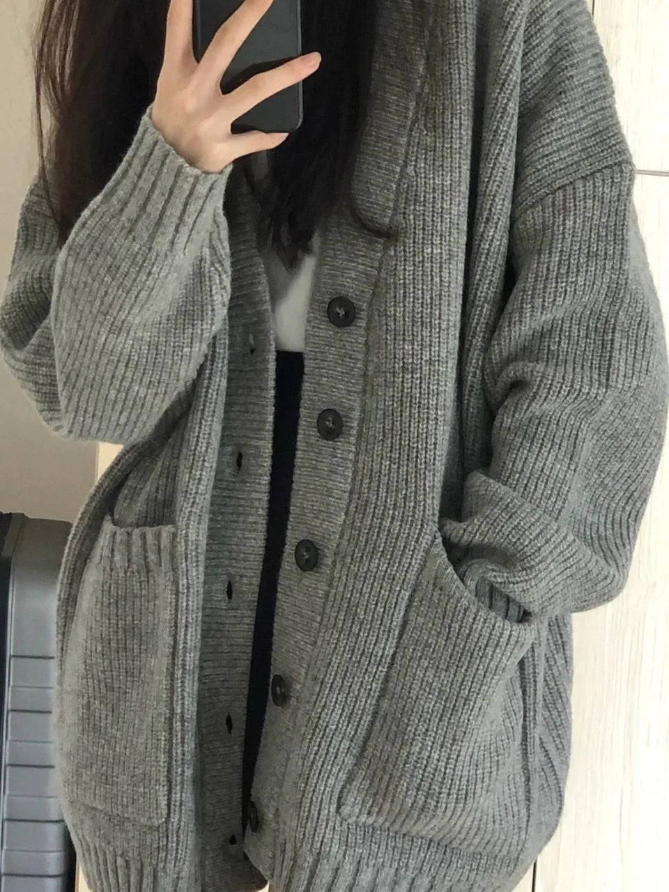 Gray Mid-Length Knitted Sweater Coat Women's Autumn Outerwear Japanese Lazy Vintage Milk System Soft Cozy Open Cardigan