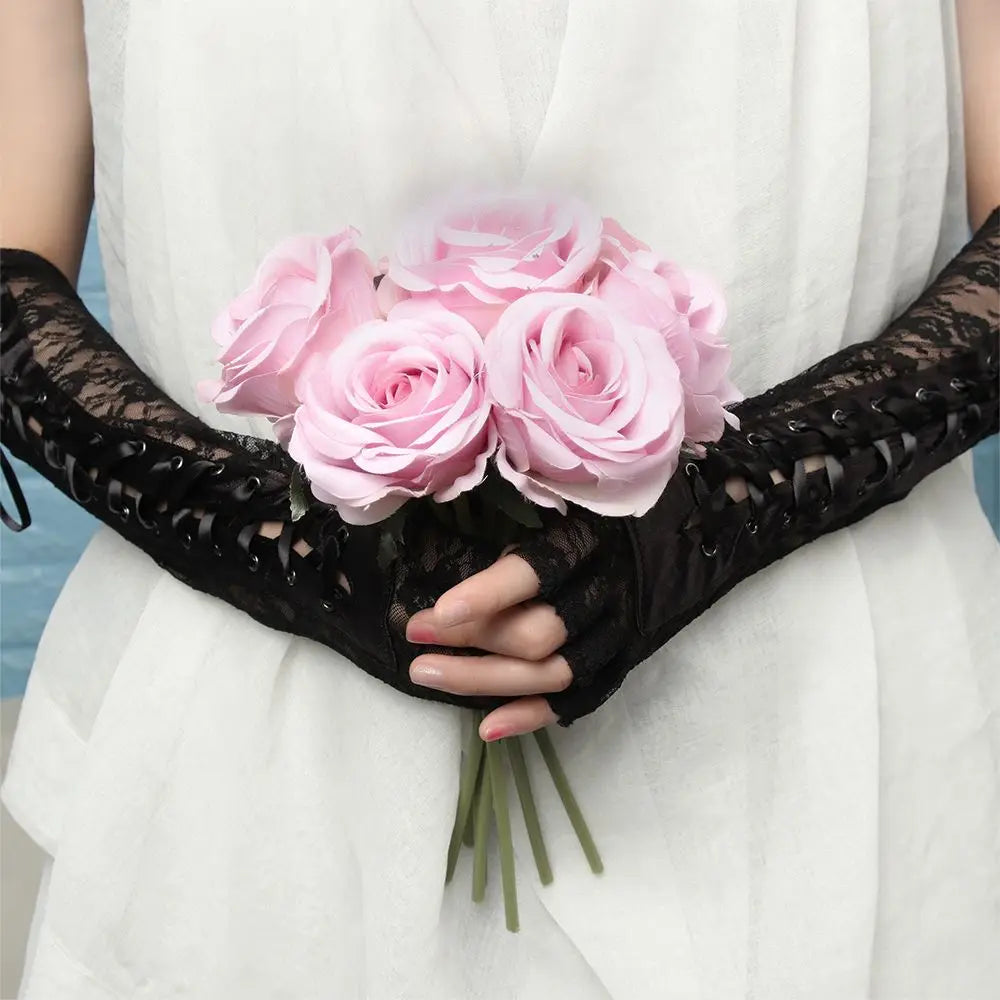 1 Pair Night Club Party Cosplay Ritual Dance Long Lace Gloves Silk Ribbon Punk Gothic Mittens Halloween Gloves