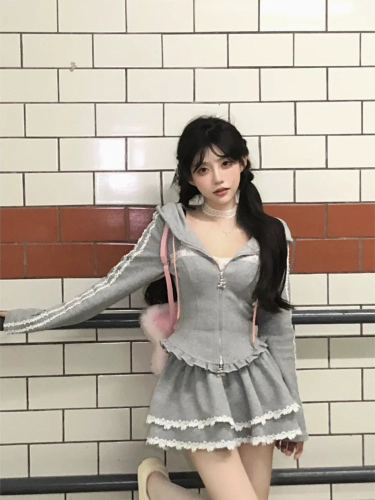 Sweet Lace Patchwork Hoodie And  Skirt Slimming Women's Two-Piece Set Fashionable Casual Wear for Autumn Season