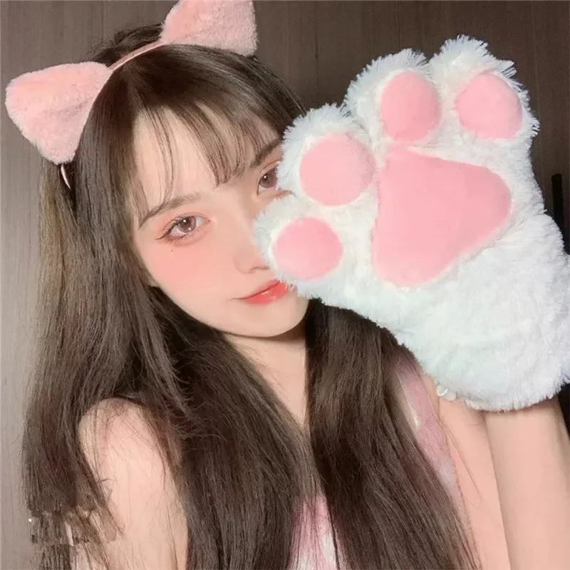 Cute Plush Cat Claw Gloves Large Size Women Halloween Christmas Party Cosplay Girls Winter Plush Fluffy Warm Full Finger Mitten