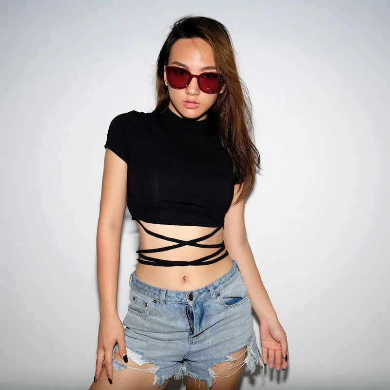 2024 Summer Women Black Short T-Shirts Sexy Crop Tops Short Sleeve Bandage Tee Tops Female Shirts