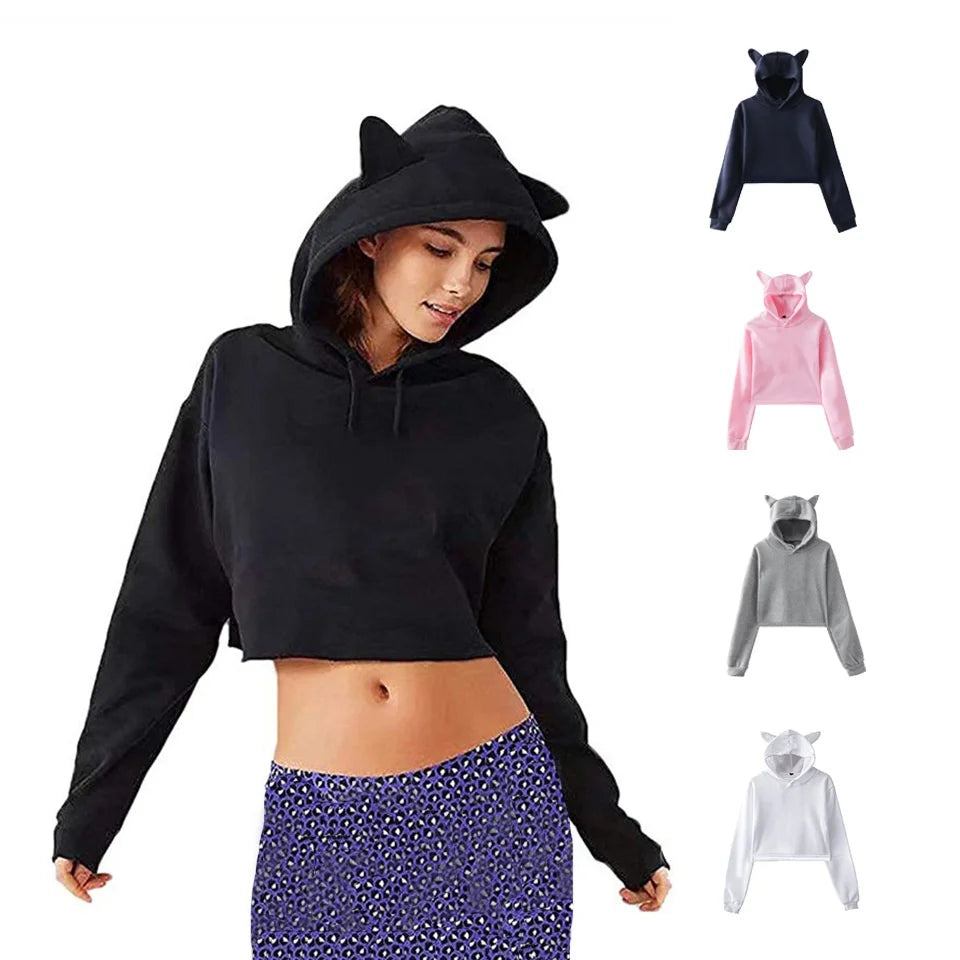 Women Sexy Short Hoodies Long Sleeve Fashionable Solid Color Cat Ear Cute Hooded Sweatshirt Autumn Spring Casual Crop Top Coat