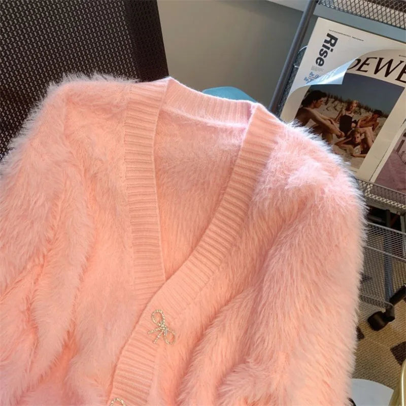 2026 Spring Autumn Women's Sweater Cardigan Jacket New Loose V-neck Imitation Mink Fur Sweater Jacket Female Knitted Tops Coat