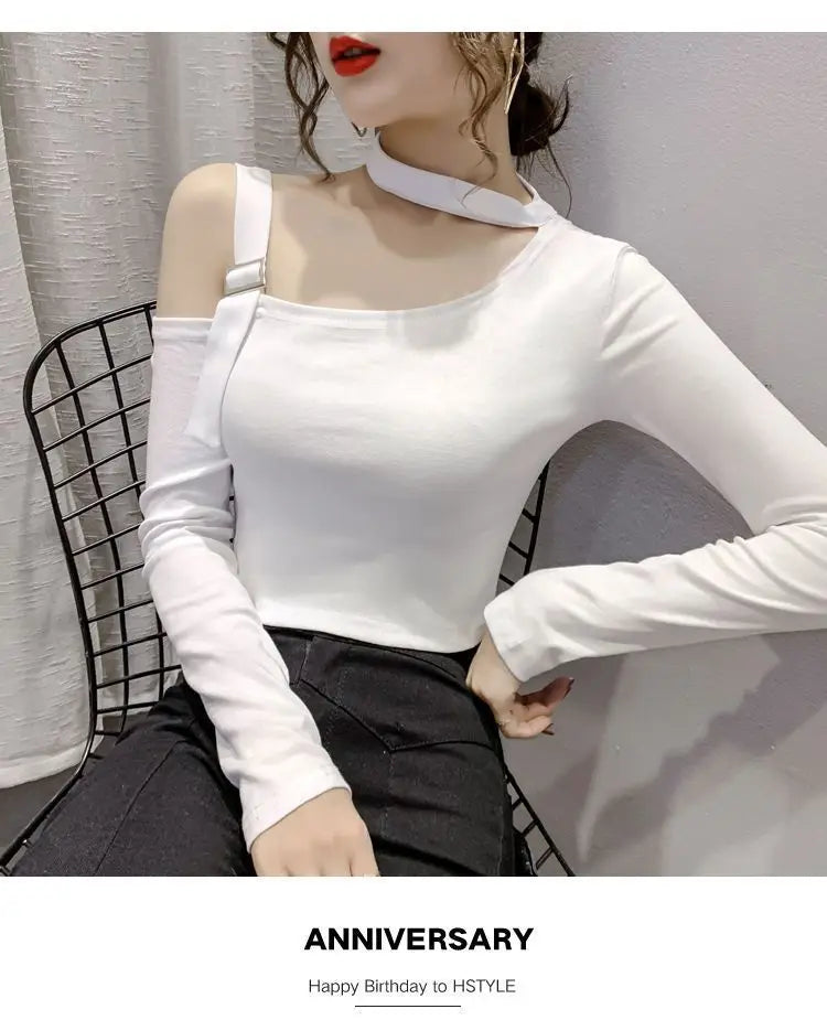 Chic Shoulder Bared Long Sleeve Base Shirt for Women Stylish Slim Fit Trendy Top Casual Loose Style Daily Wear Girl's Fashion