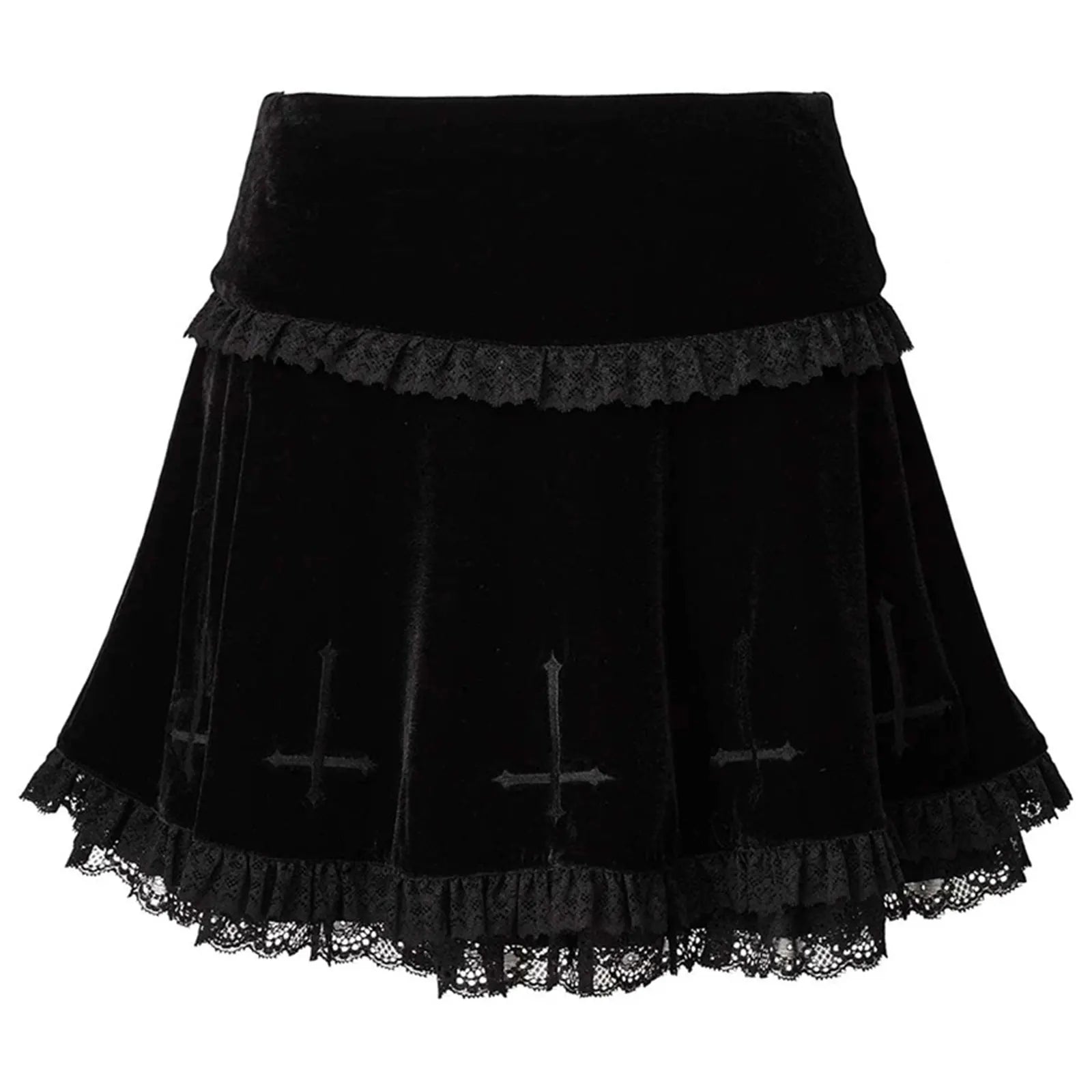 2024  Punk Cross Pattern Mini Skirt Y2K Grunge Gothic Black Lace High Waist Pleated A-line Skirt Vintage Women E-girl Clothes