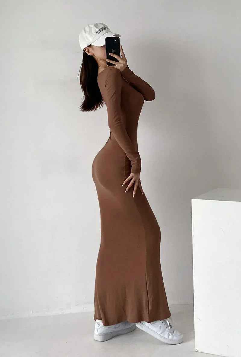Elegant High-Waisted Fishtail Long Dress - Slimming Autumn Chic