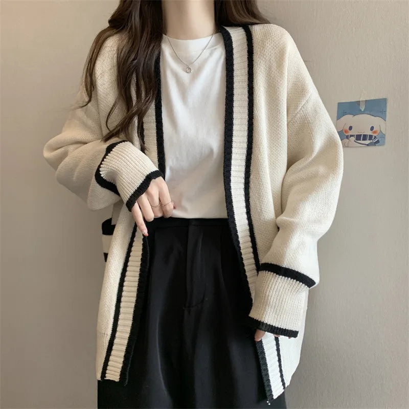 New Korean Women Cardigan Jackets Patchwork Clothing V Neck All Match Sueter Mujer Casual Fashion Knitted Oversized Sweater Tops