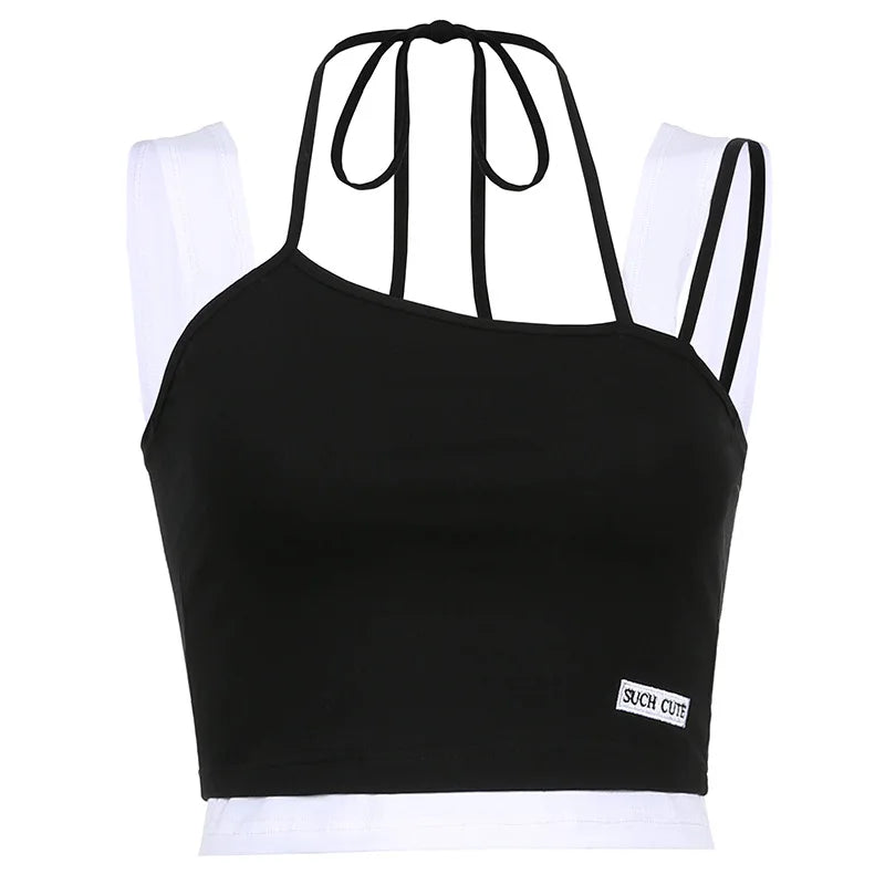Women Hollow Out Black Y2K Tees Sleeveless Skinny Tops Cool Punk T-shirts Techwear 2024 Spring Summer New Sexy Crop Top