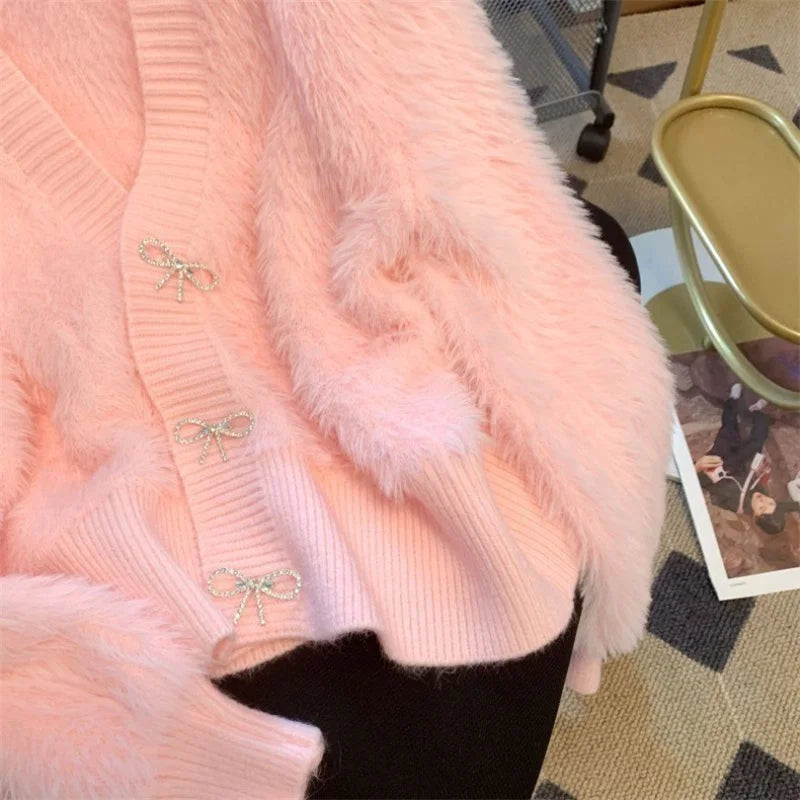 2026 Spring Autumn Women's Sweater Cardigan Jacket New Loose V-neck Imitation Mink Fur Sweater Jacket Female Knitted Tops Coat